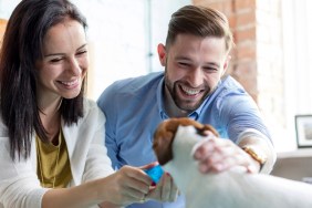 Smiling couple petting Jack Russell Terrier dog on bed