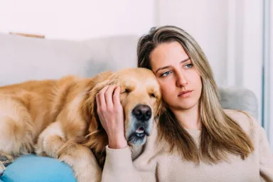 Young, depressed, melancholy woman with a dog she is consoling in her grief at home