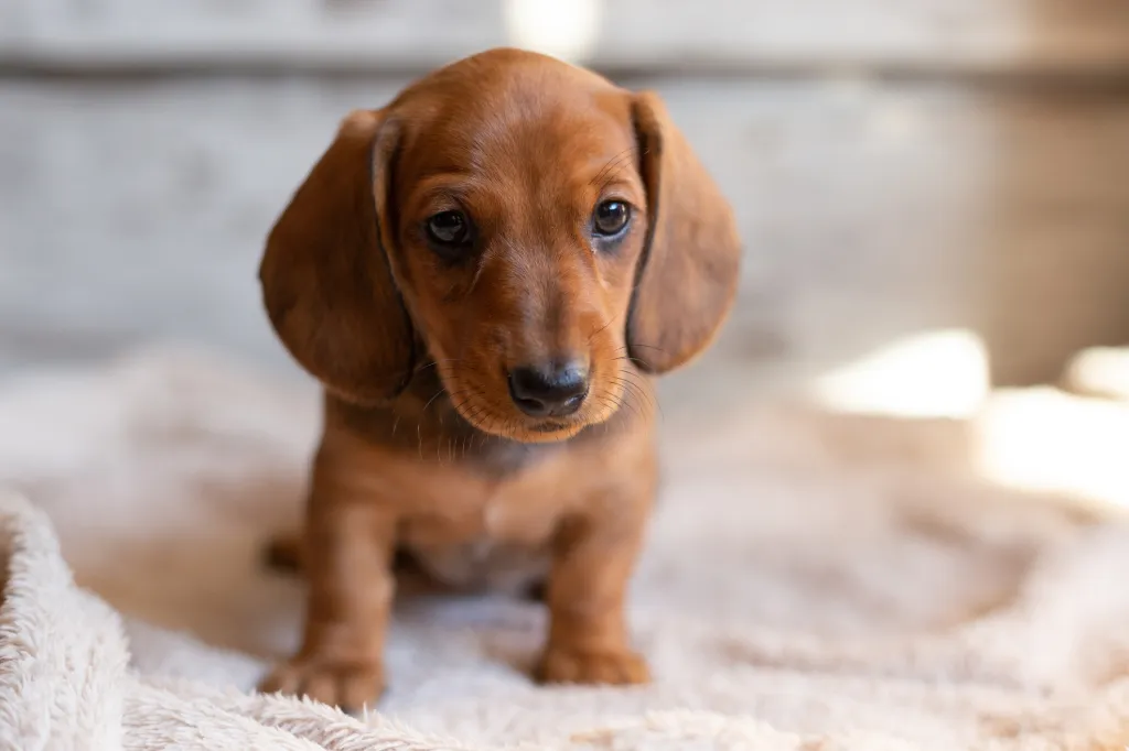 Cute dachshund puppie looking at the camera on a light background